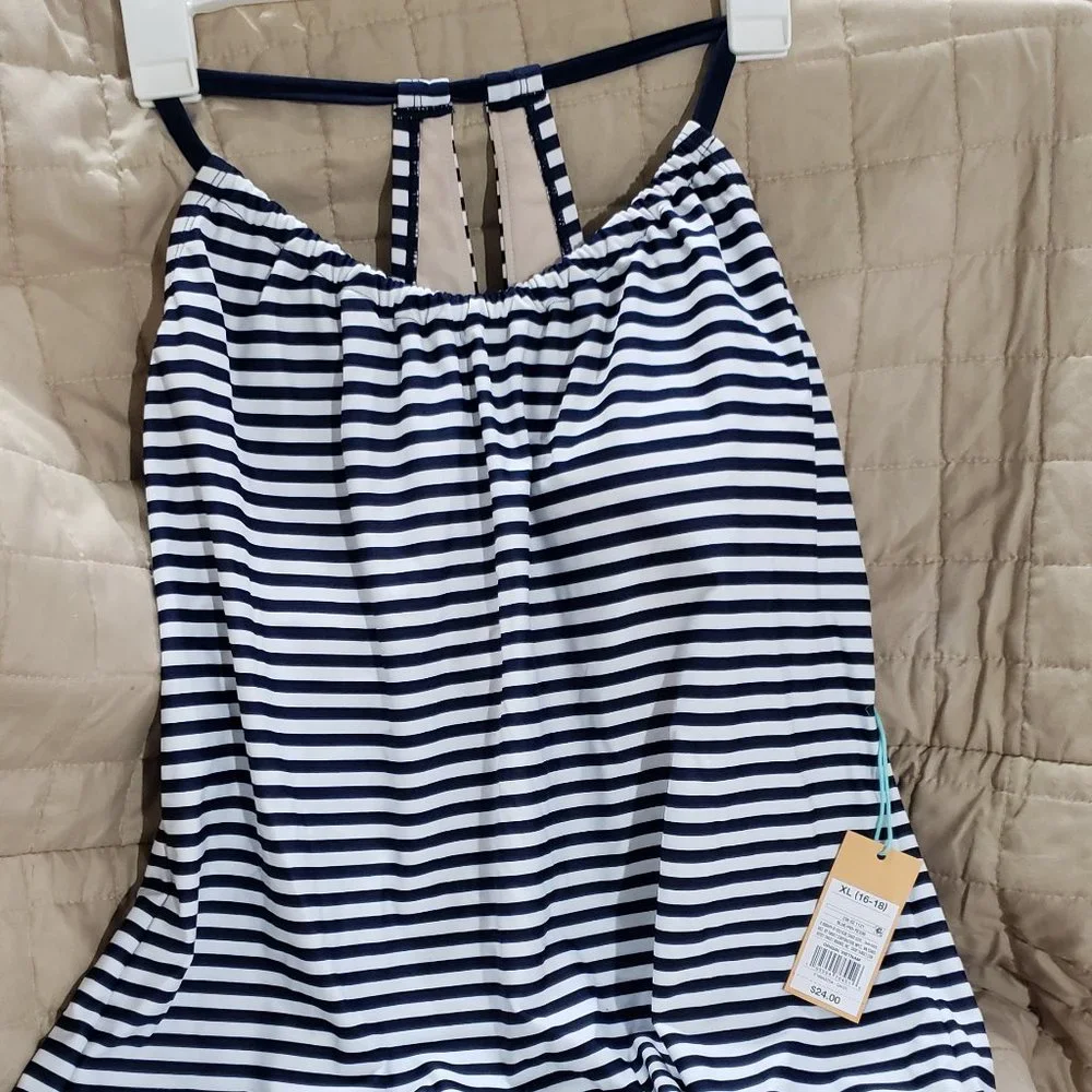 Kona Sol - Women's Racerback High Neck Tankini Top SZ XL Navy Stripe - Picture 1 of 4